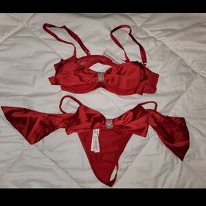 Victoria's Secret Red Bow Detail Bra Set Festive 2pc Set Bling New